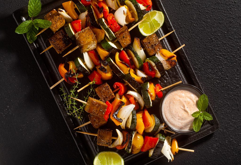 Ready,Vegan,Kebabs,Of,Vegetables,And,Smoked,Tofu,With,Cashew
